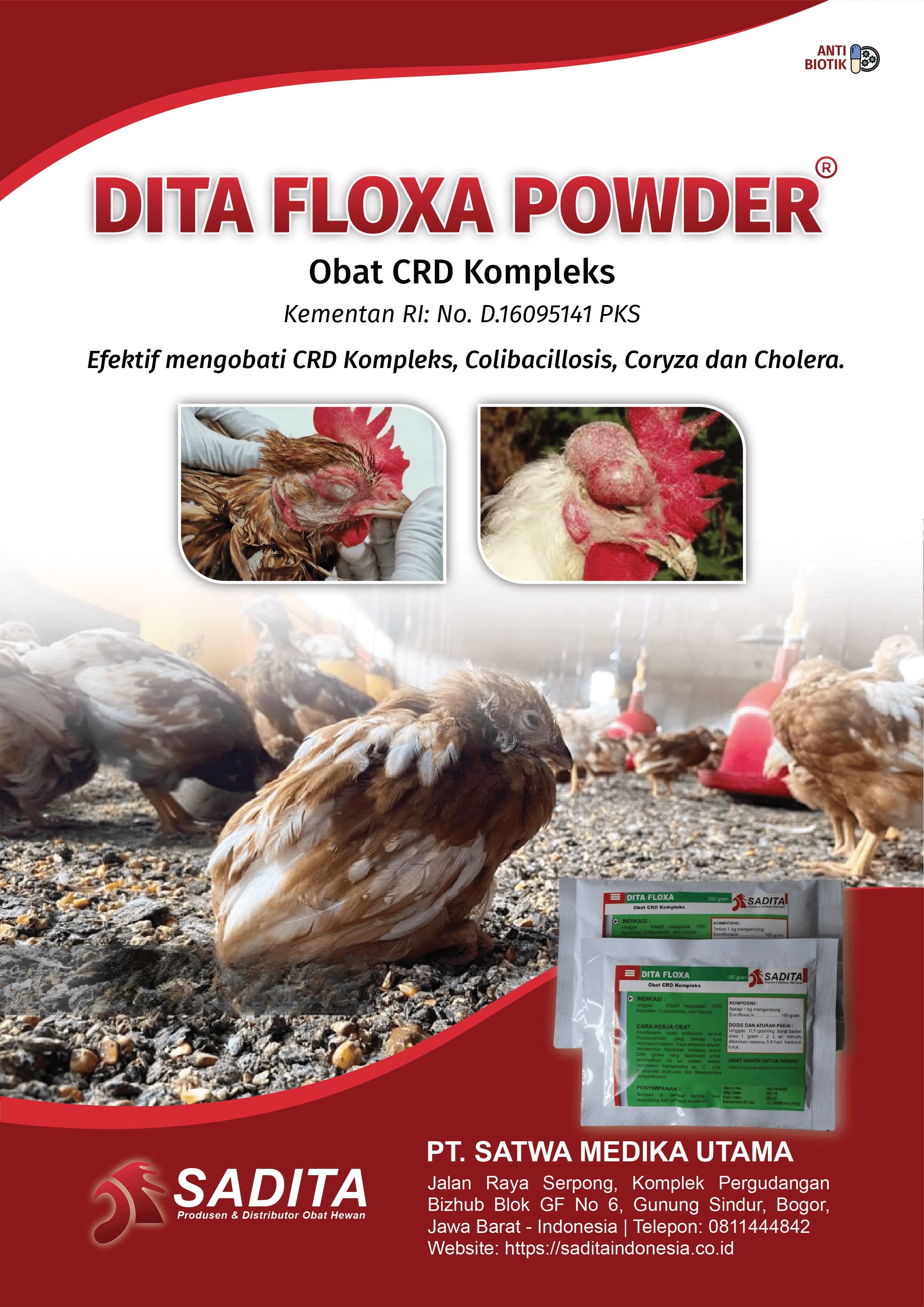 DITA FLOXA POWDER®
Obat CRD Komleks
Kementan RI: No. D.16095141 PKS

Efektif Mengobati:
CRD Kompleks

Colibacillosis

Coryza

Cholera

PT. SATWA MEDIKA UTAMA
SADITA
Produsen & Distributor Obat Hewan

Jalan Raya Serpong, Komplek Pergudangan 
Bizhub Blok GF No 6, Gunung Sindur, Bogor, 
Jawa Barat - Indonesia | Telepon: 0811444842
Website: https://saditaindonesia.co.id