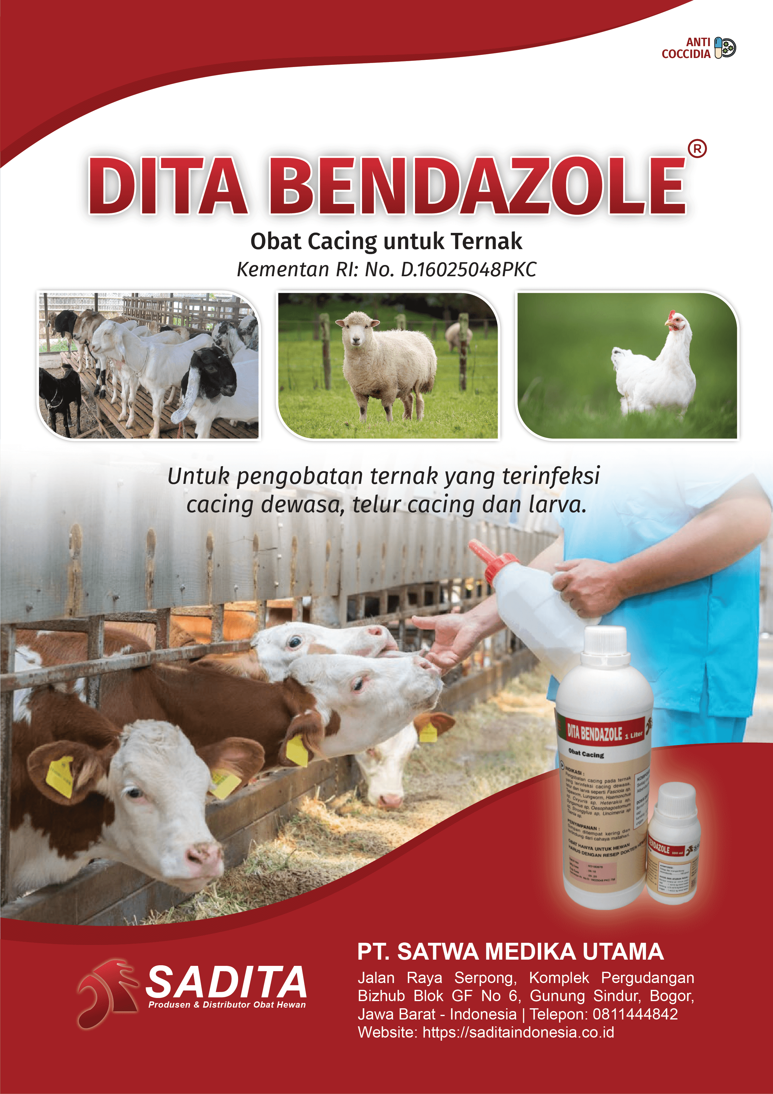 DITA BENDAZOLE®
Obat Cacing untuk Ternak
Kementan RI: No. D.16025048PKC

Untuk pengobatan ternak yang terinfeksi: 
cacing dewasa.

telur cacing,

larva.

PT. SATWA MEDIKA UTAMA
SADITA
Produsen & Distributor Obat Hewan

Jalan Raya Serpong, Komplek Pergudangan 
Bizhub Blok GF No 6, Gunung Sindur, Bogor, 
Jawa Barat - Indonesia | Telepon: 0811444842
Website: https://saditaindonesia.co.id